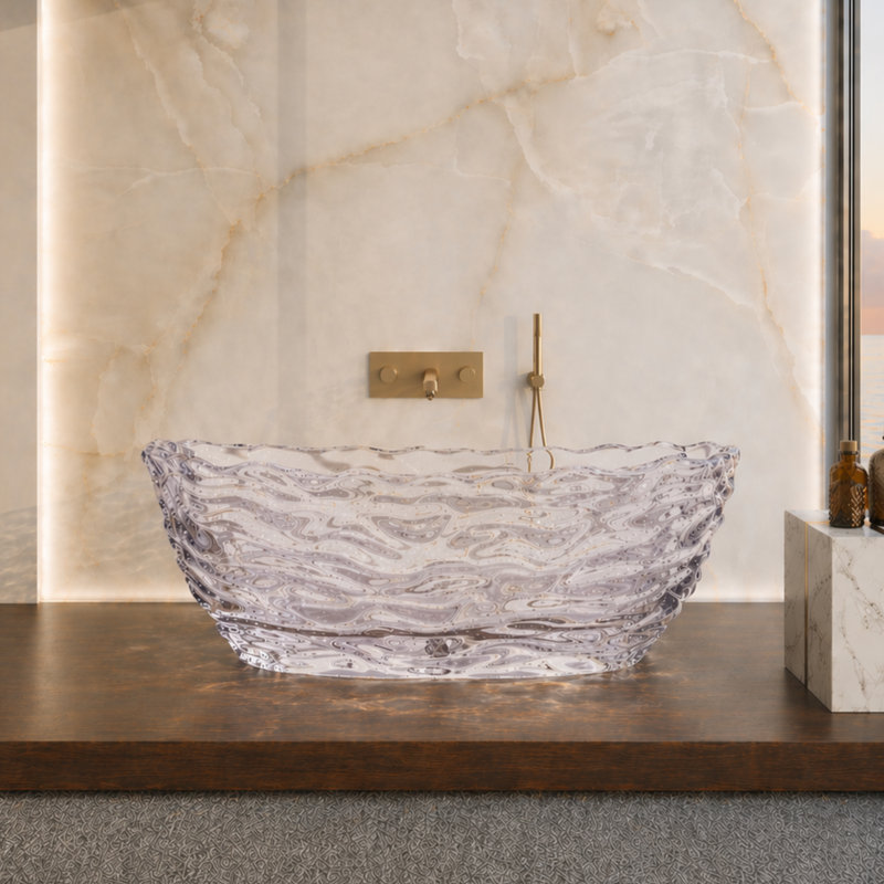 69" Freestanding Transparent Resin Soaking Bathtub - Clear Wavy Crystalline Luxury Tub