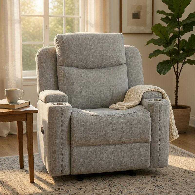 Fauteuil inclinable et oscillant manuel Alya, accoudoirs de rangement, chenille gris clair