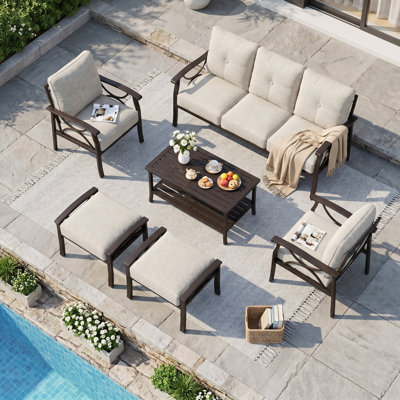 Outdoor Furniture Set with Cushions, 7-Person All-Weather Metal Frame Patio Furniture Set, 6-Piece Outdoor Patio Set with Ergonomic Back Support