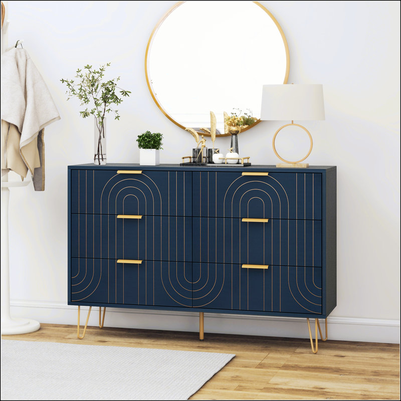 Modern Six Drawer Dresser, Dark Blue