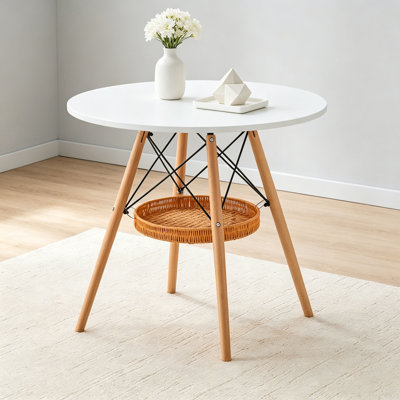 31.5-inch diameter circular dining table, MDF vacuum formed tabletop, solid wood legs, with suspended woven storage basket structure. A casual coffee table suitable for 2-4 people.