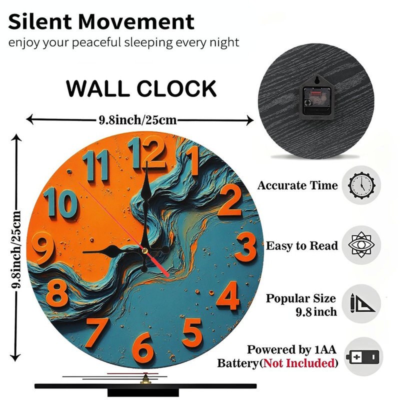 Horloge murale abstraite orange et bleue