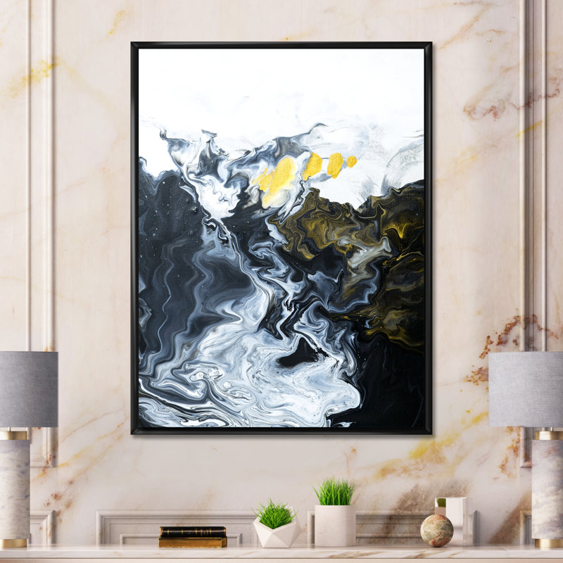 Or blanc et nuages de marbre jaune I - peinture sur toile, H 32 po x l 16 po, Cadre flottant noir