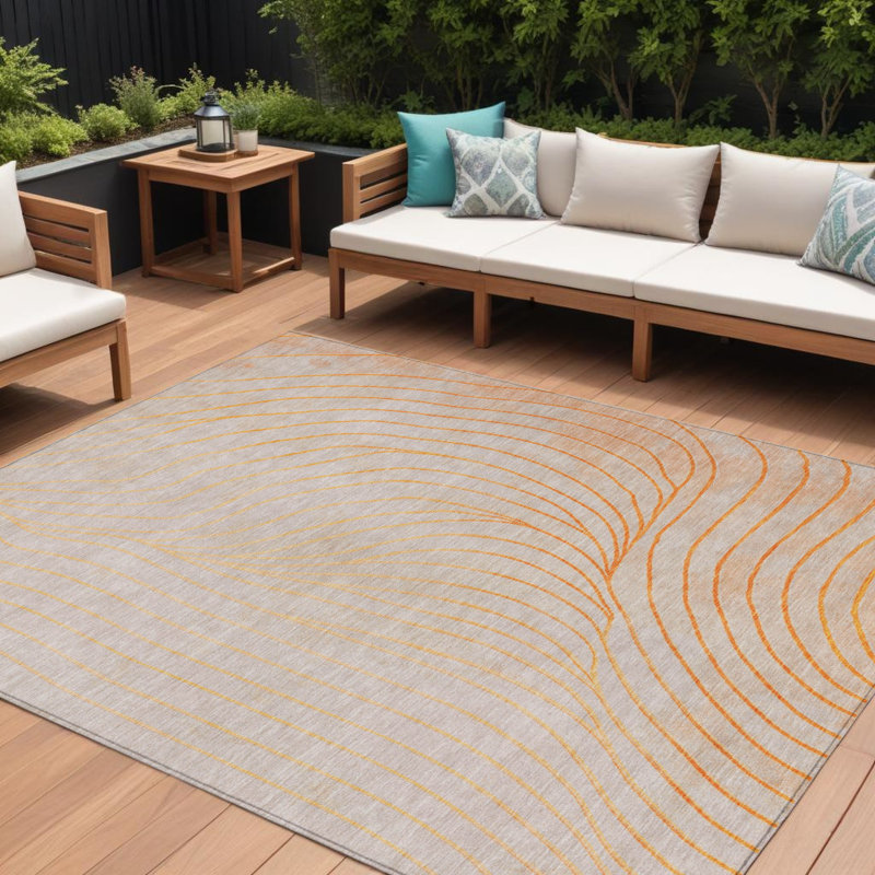 Tapis extérieur lavable abstrait orange et argent 8 pi x 10 pi