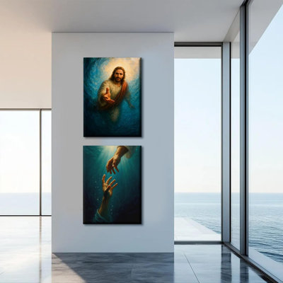 2 pièces, art mural rétro encadré par Jésus-Christ, la main de Dieu Jésus atteignant l'eau, toile, décoration murale, bleu océan