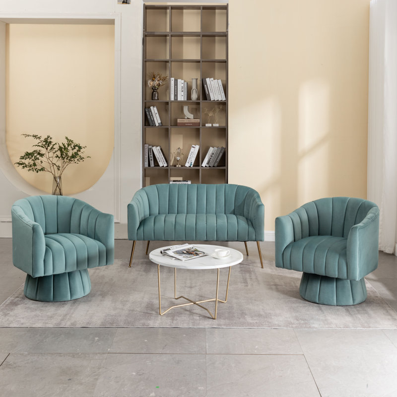 Ensemble de salon 3 pièces Tuyen, Velours turquoise