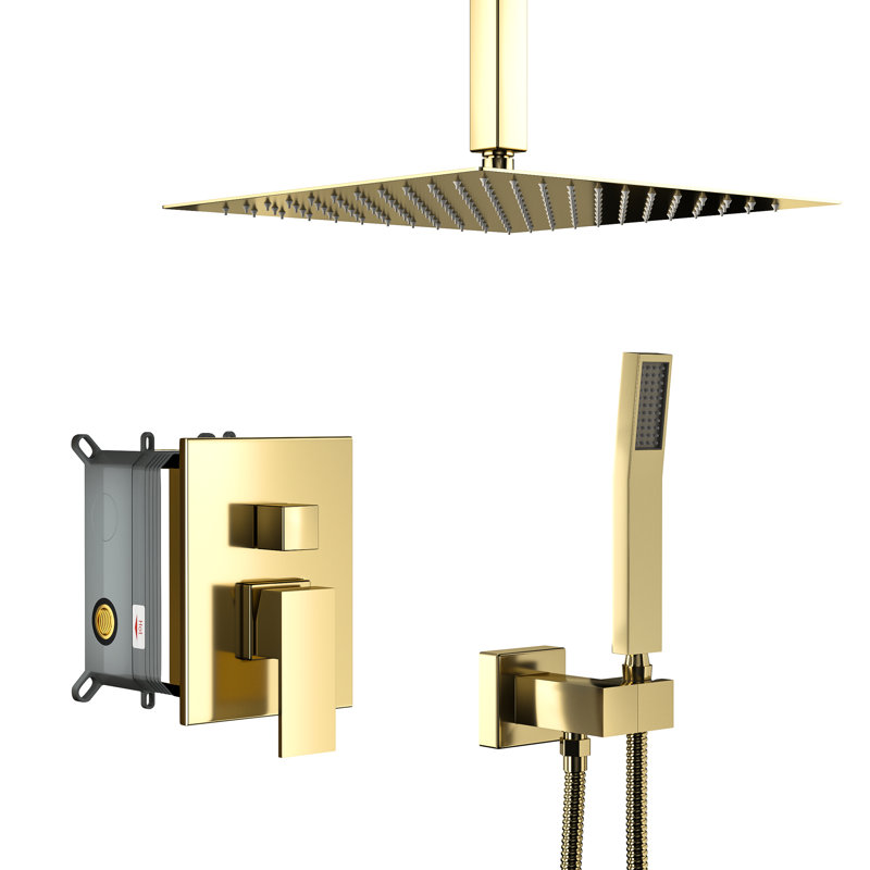 Gold Dual Shower Kit - 10 Inch Ceiling Mount Square With Rainfall And Handheld, Valve, Easy Installation & Clean Mounted Head System -Balanced