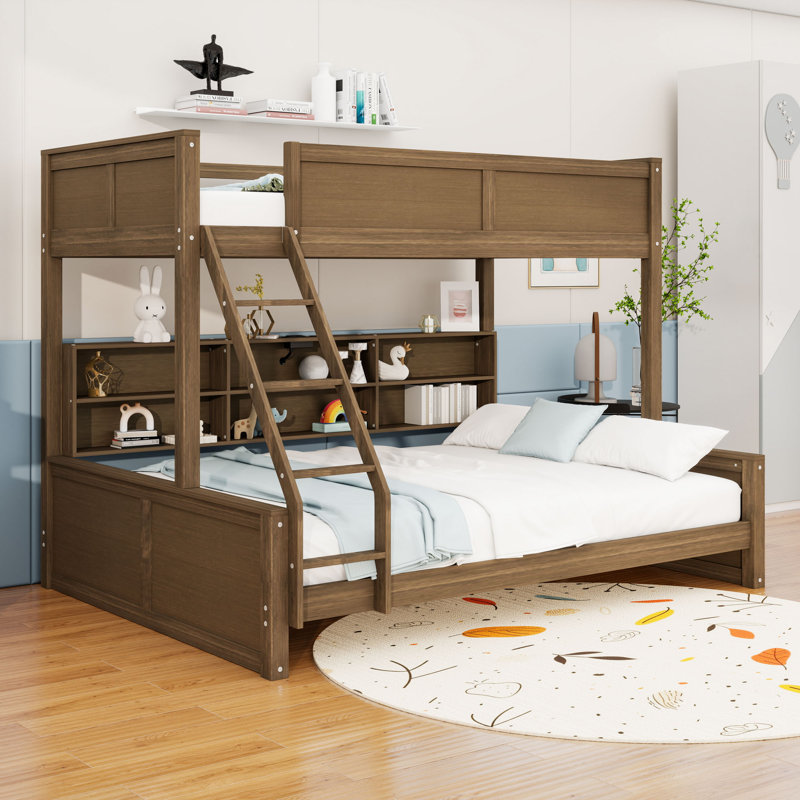 Lit superposé en bois avec tablettes, prises et ports USB, Bois antique, Simple TG sur grand