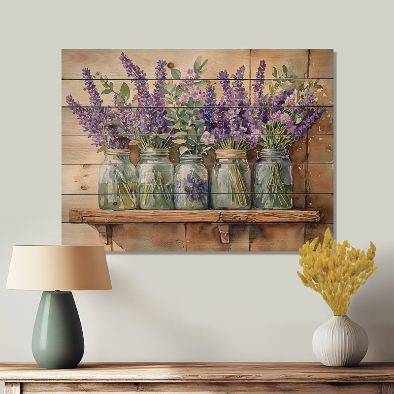 Lavande et bouquet de romarin III - Art mural en bois de lavande - sur bois de pin naturel, H 24 po x l 32 po x P 0,78 po