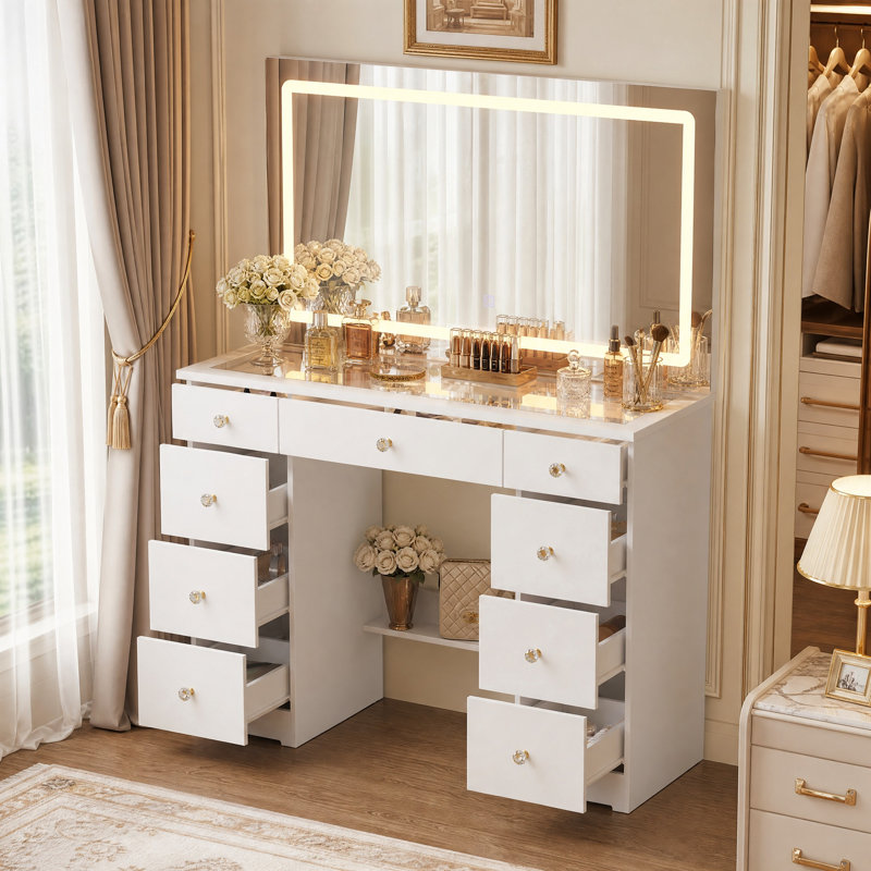 Coiffeuse de maquillage moderne avec miroir lumineux et rangement solide, White