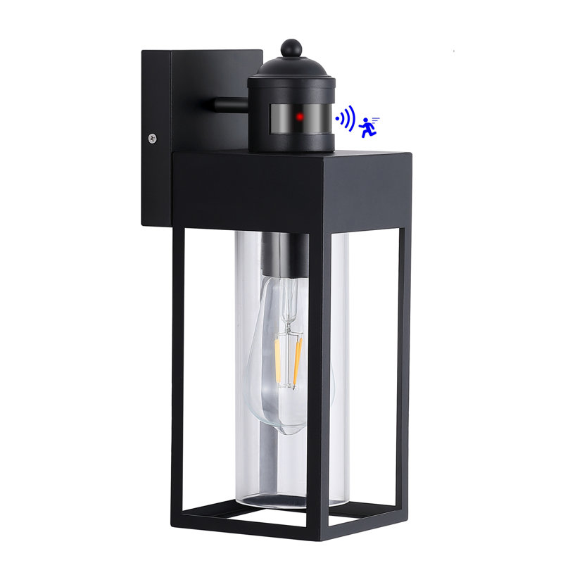 Motion Sensor Outdoor Hardwired Wall Light Fixture, Dusk To Dawn Exterior Porch Light With E26 Socket & Clear Glass Shade, Modern Wall Sconce For House Patio Garage Door