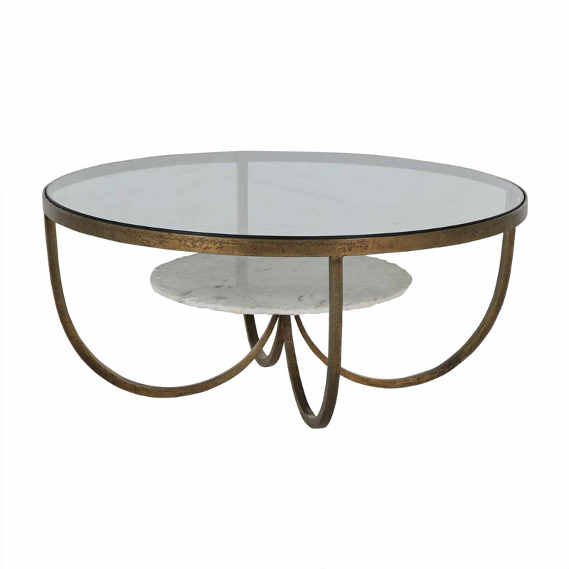Round Champagne Forged Metal and Glass Coffee Table with Marble Shelf