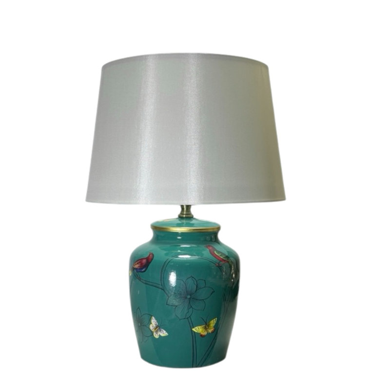 Elegant Floral Ceramic Table Lamp - Vintage Glazed Finish Fabric Shade Hand Finished 1m Cable Switch Decorative Light for Home