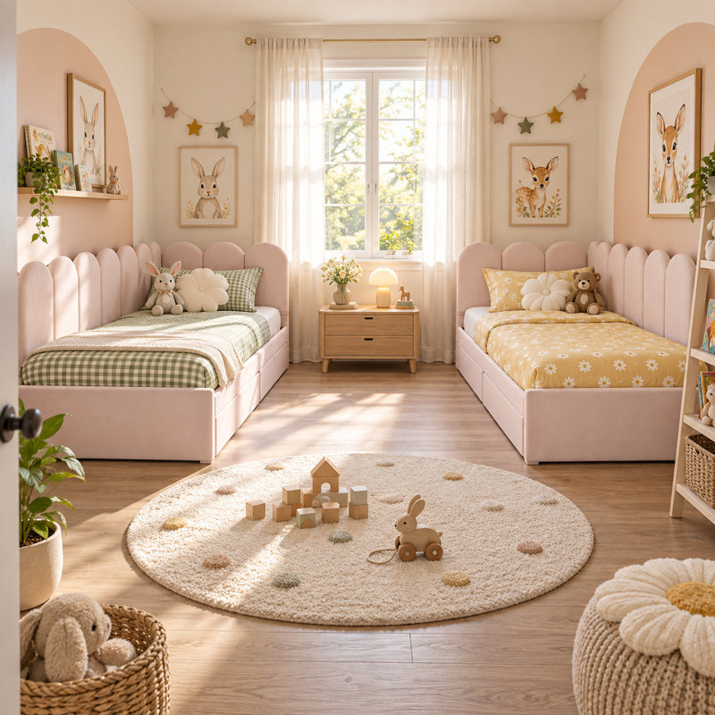 Upholstered Daybed with 2 Drawer, Pink