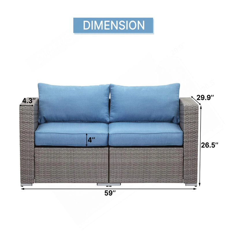 Ensemble de causeuse de patio en osier 2 pièces 59 "de largeur 59" avec coussins bleus