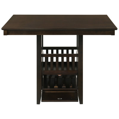 Table carrée à hauteur de comptoir pour salle à manger, piédestal avec rangement, porte-verres à pied, bac ouvert et compartiment à vin caché, placage sur bois