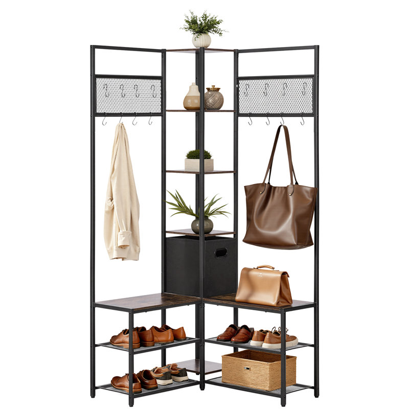 Corner Hall Tree with Shoe Bench, 70.9 in Coat Rack with Hooks and Steel Frame, Freestanding Clothes Shoes Rack Storage Organizer with Anti-Tip Set, for Entrance, Closet, Office, Rustic Brown