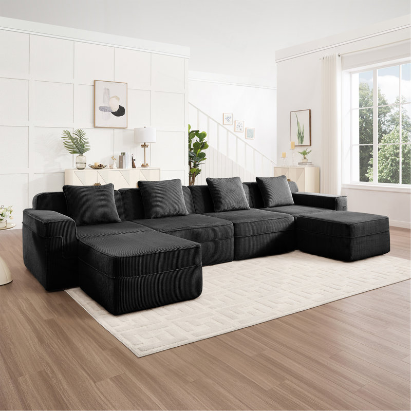 Canapé modulaire modulaire en forme de U sans siège à 4 places, canapé modulaire Cloud avec assise profonde, canapé modulaire moderne à 4 places avec coussins décoratifs et 2 repose-pieds amovibles, tissu en velours côtelé