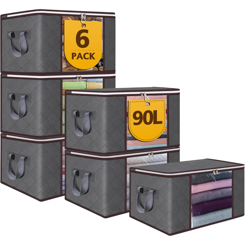 90L Large Foldable Storage Bags With Zipper & Windows, 6 Pack Durable Fabric Bins For Clothes, Bedding & More