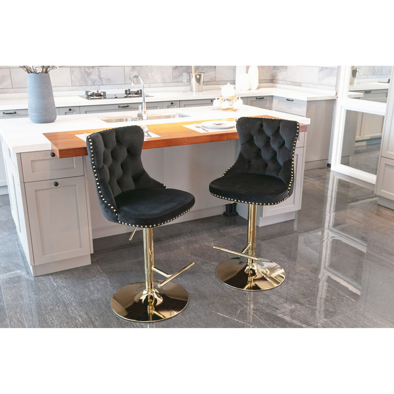 Hauteur de siège réglable, noir, pivotant doré, confortable, velours, moderne, tabourets de bar avec dossier, de 2, pub à domicile, îlot de cuisine, pivotant de 25 à 33 po, noir moderne pour pub et espace