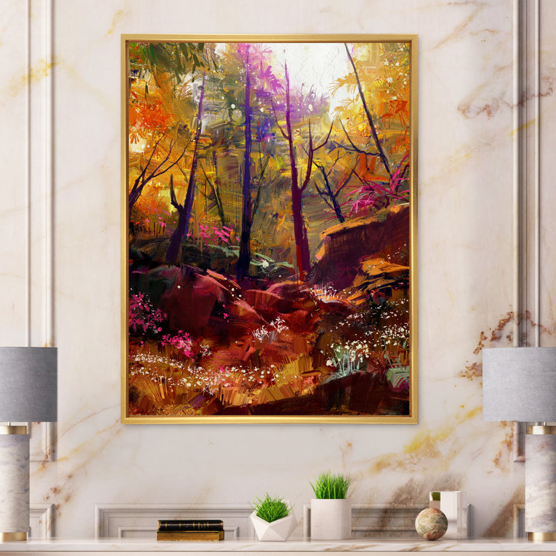«Beautiful Autumn Forest with Sunlight», peinture sur toile, Cadre flottant doré, H 32 po x l 24 po
