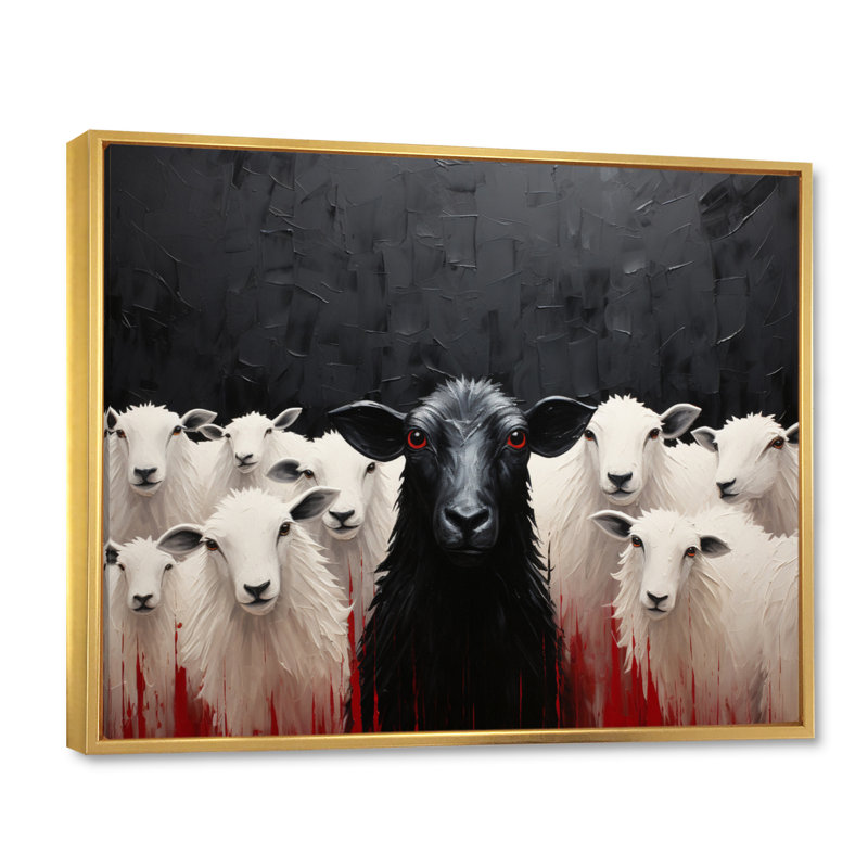 Troupeau de moutons noir et blanc - impressions encadrées de moutons, H 16 po x l 32 po x P 1 po, Cadre flottant doré