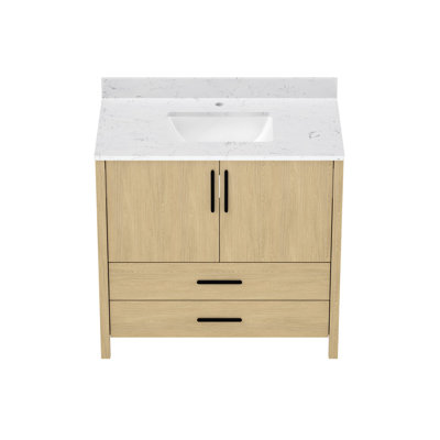 Meuble-lavabo autoportant de 36 po avec comptoir et trou de robinet, panneau de contreplaqué de haute qualité, contreplaqué, base indépendante à texture élégante, rail de rembourrage pour douceur