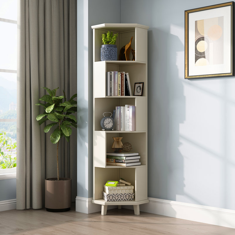Solid Wood Corner Bookcase, White, (5 Shelves) 182.1cm H x 44.5cm W x 44.5cm D