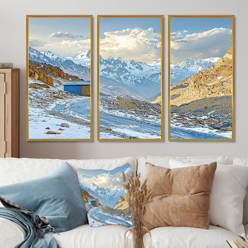 Ensemble de décorations murales Blue Atlas Mountains Landscape - Morocco, Toile avec cadre flottant or