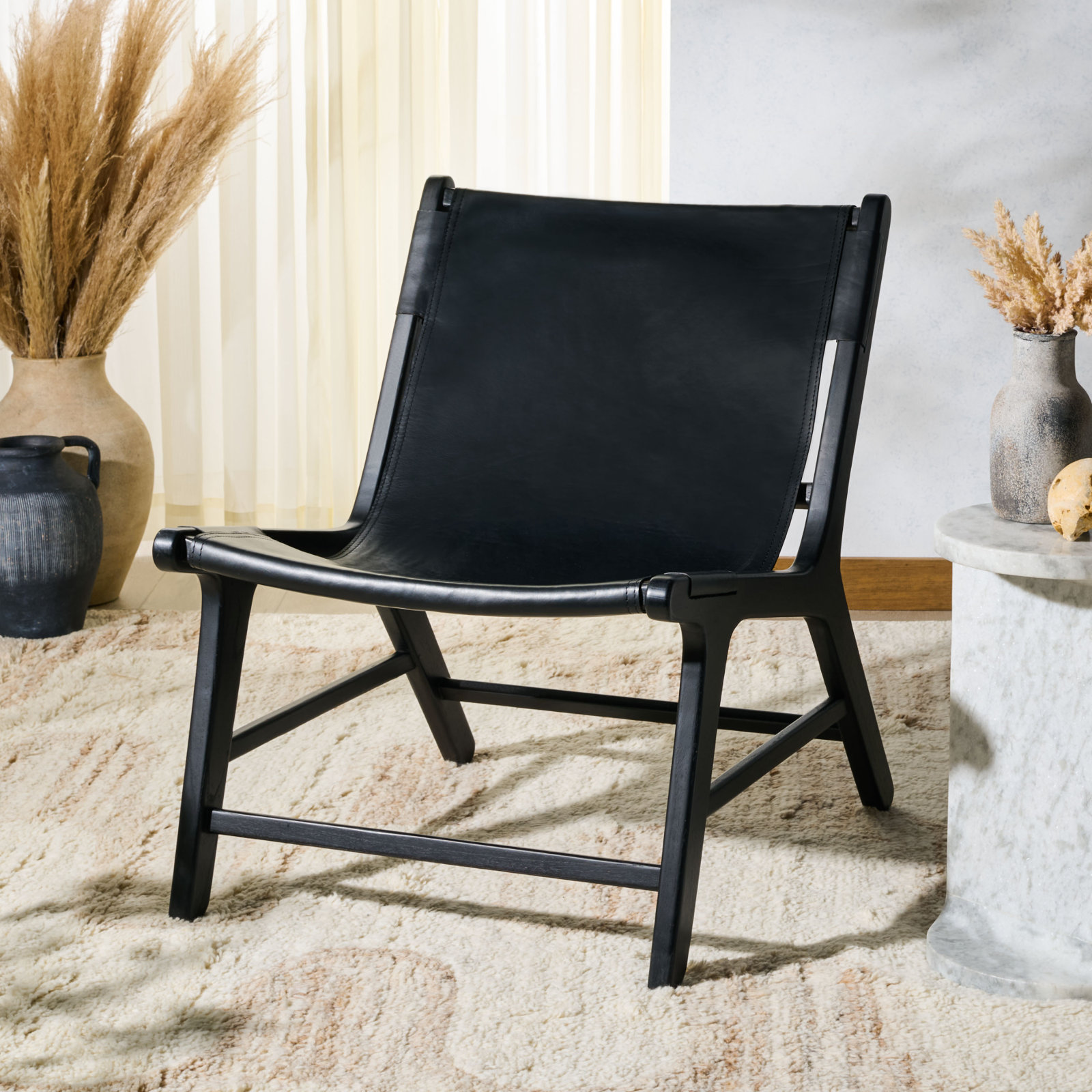 Kizzy Leather Accent Chair, Black, Black Leather