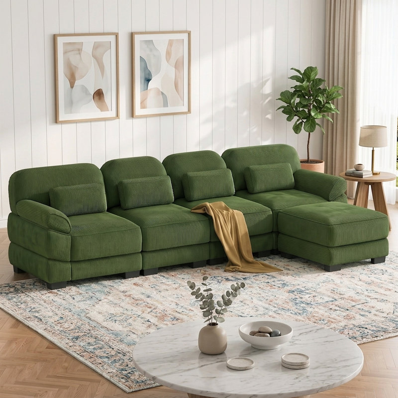 Canapé modulaire en L de 132 po avec repose-pieds et velours côtelé, L 132,3 po, Velours côtelé vert