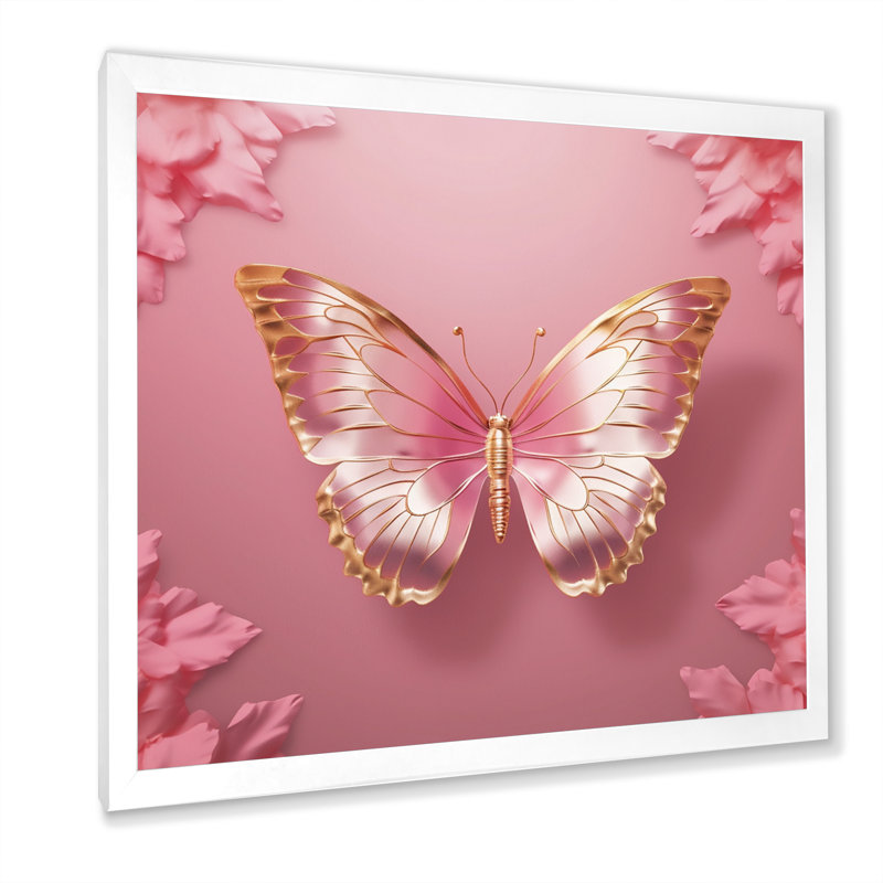 Papillon rose et or II - art mural papillon pour le salon, H 24 po x l 24 po x P 1 po, Cadre simple blanc