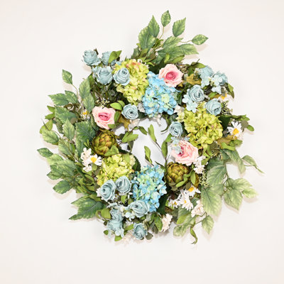 24" Artificial Farmhouse Spring Summer Blossom Cluster Green Leaves Artichoke Fruit Hydrangea Rose Floral Wreath For Front Door