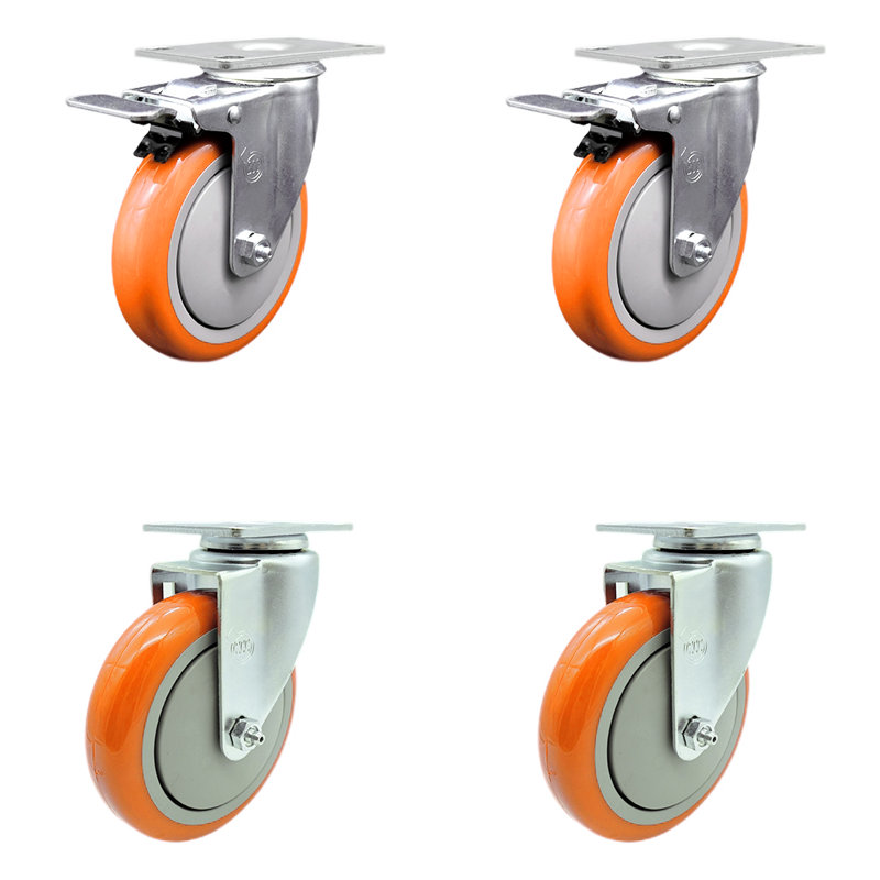 Ensemble de roulettes 5 pouces en polyuréthane pivotant avec 5 roulettes, Orange