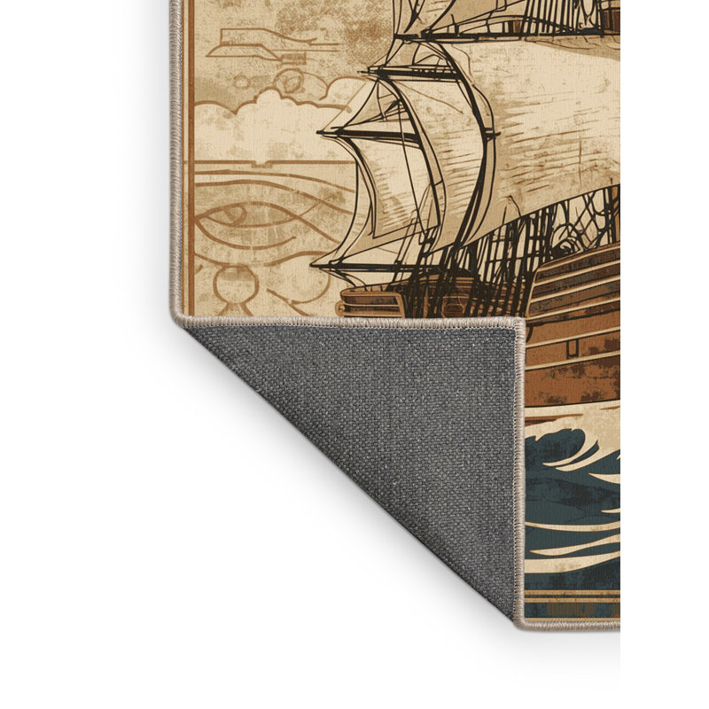 Soft Plush Giannoulis Classic Sailing Boat Vintage Vintage Look Area Rug in Brown – Beige Binding, 2x4
