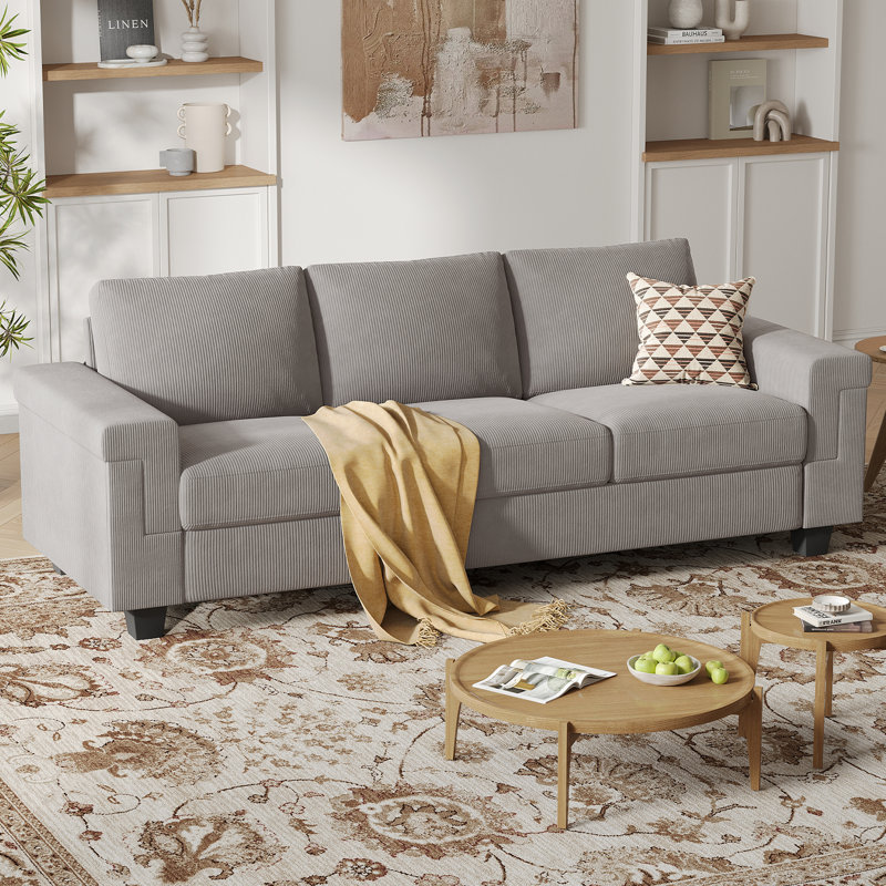 90 Inch Corduroy Sofa Couch, 3 Seater Upholstered Sofa With Square Armrests For Living Room Apartment, Light Gray