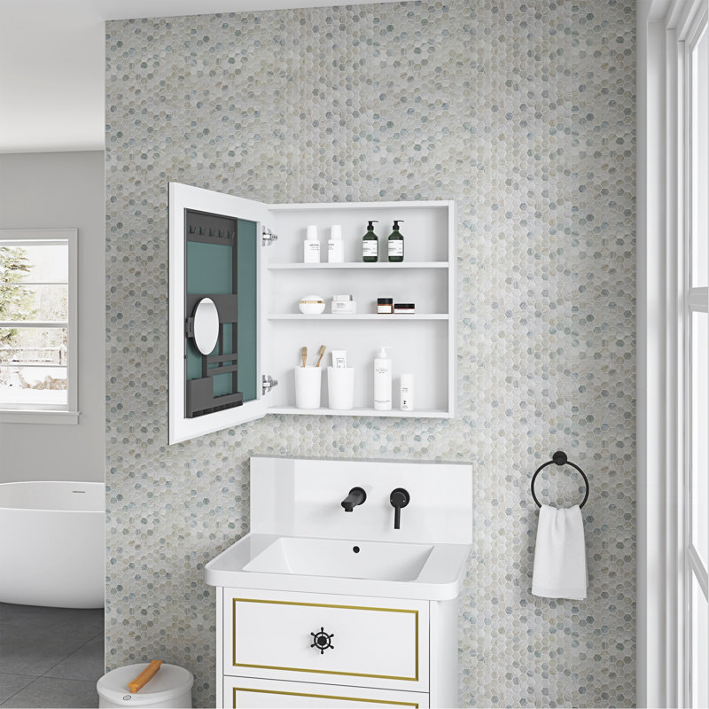24'' W X 26'' H Surface Frameless Mirror Medicine Cabinet, Beveled Mirror Edges Bathroom Medicine Cabinet, Left Opening Door