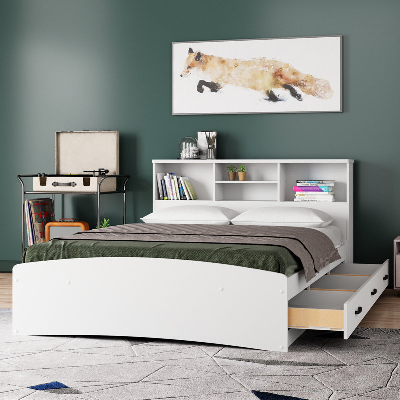 Jovany Captain Bed with 3 Reversible Drawers on Left or Right side (New and Improved Design), White, Full