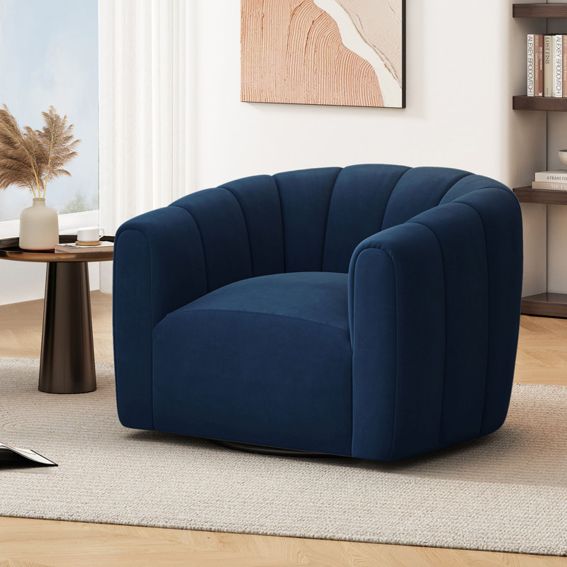 Maravilla Upholstered Swivel Barrel Chair, Dark Blue Velvet