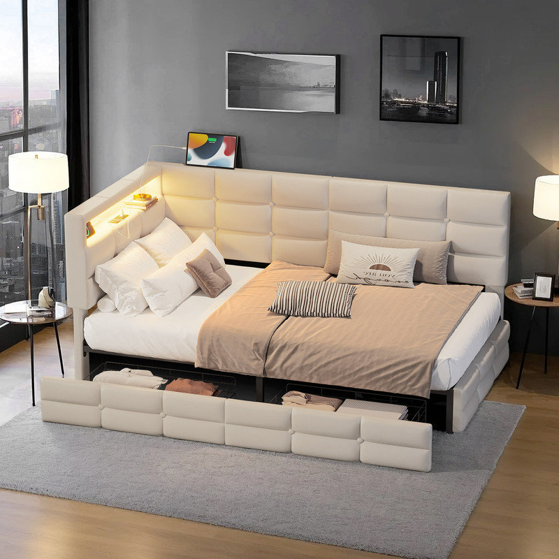 Lit de jour simple moderne avec lumières DEL, ports USB, 2 tiroirs de rangement de type C, Beige