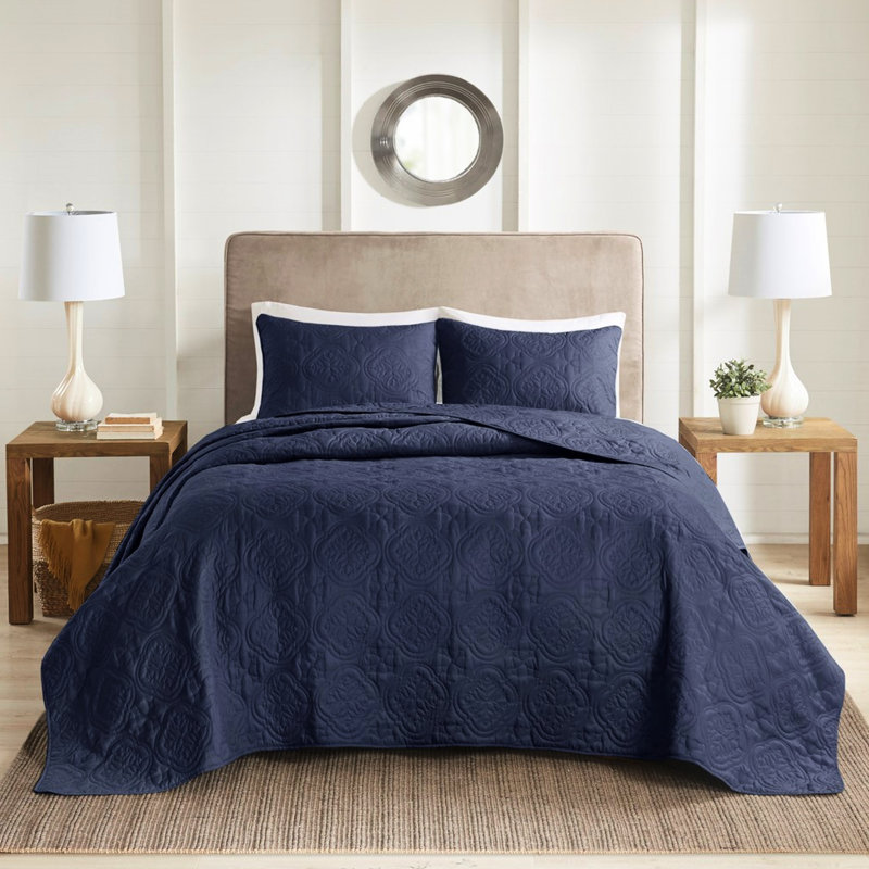 Reversible Navy Bedspread Full/Queen - Microfiber And 100% , , Machine Washable, Style 3 Piece Face, Filling, Latvian, Navy