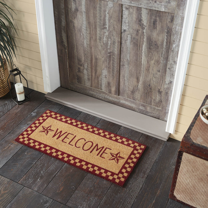 Burgundy Check Stars Coir Welcome Rug Rect, 17" W x 36" L