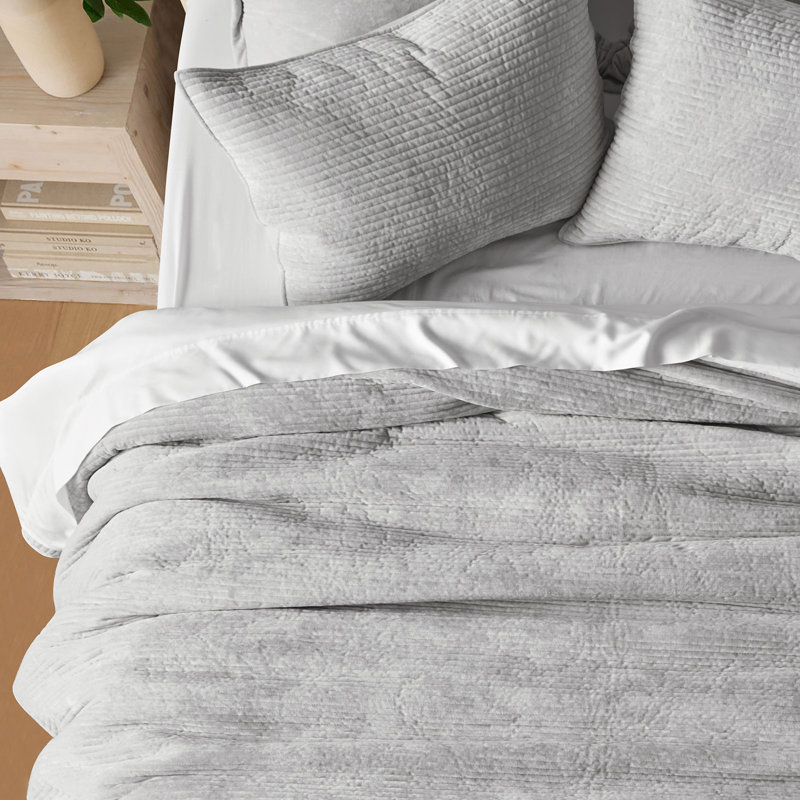 Striped Channel Velvet Quilt Set, Queen, Frost Gray