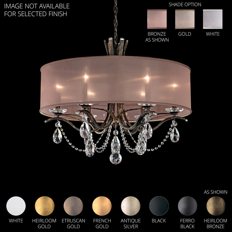 Vesca 6 Light 28in x 24in Chandelier with Gold Drum Shade in Heirloom Bronze with Clear Radiance Crystal, Gold, Czech