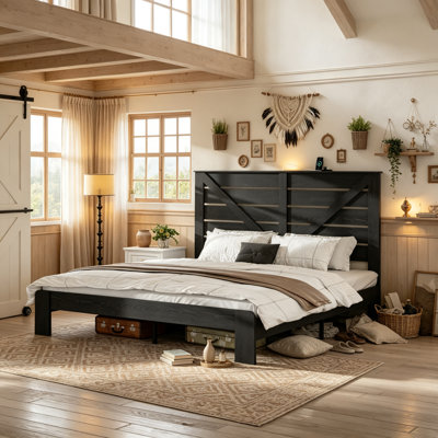 Farmhouse Platform Bed with High Headboard and Footboard, Wood Bed Frame with Usb Charging Ports and LED Touch Lamp, King Size, Black