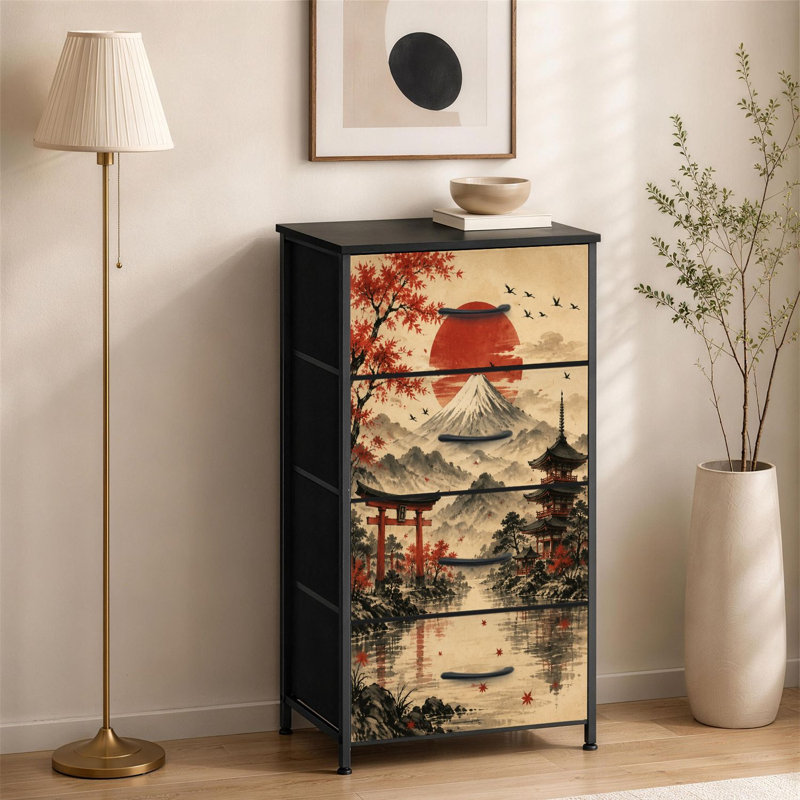 Commode à 4 tiroirs pour chambre à coucher avec paysage de montagne japonais Sun Red Torii Gate Pagoda Autumn