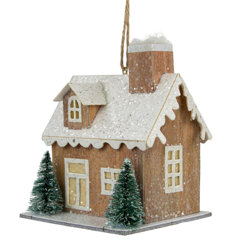 Rustic Beige Lighted Wood House Christmas Ornament