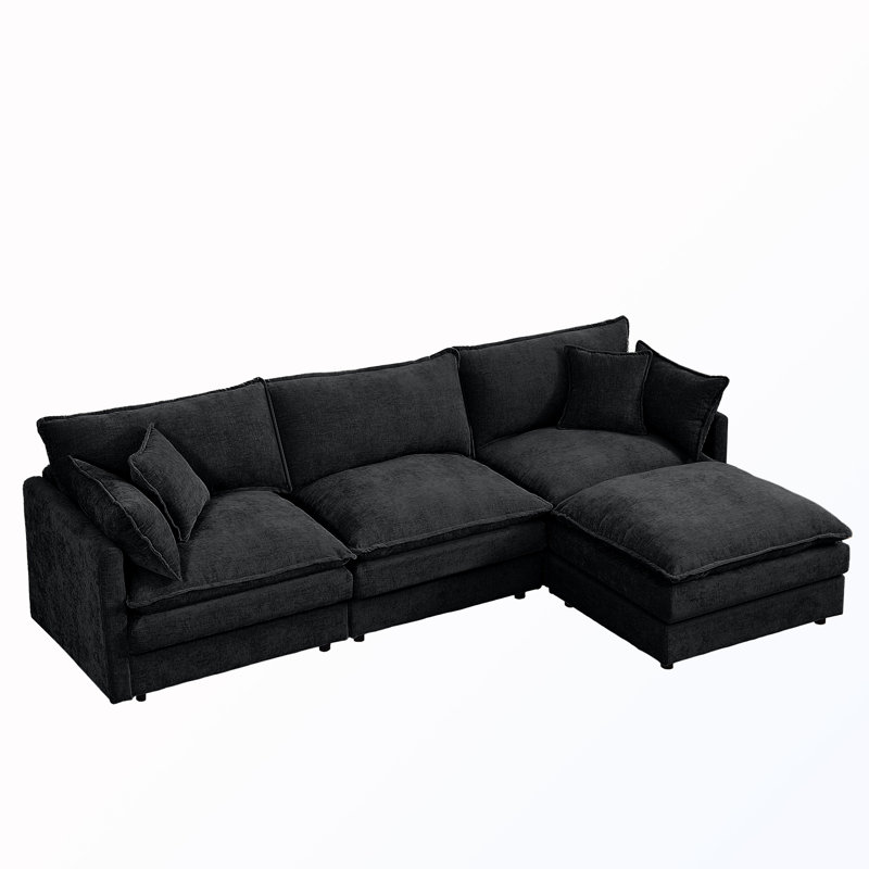 L-Shape Chenille Sectional Couches with Movable Ottoman, Black Chenille