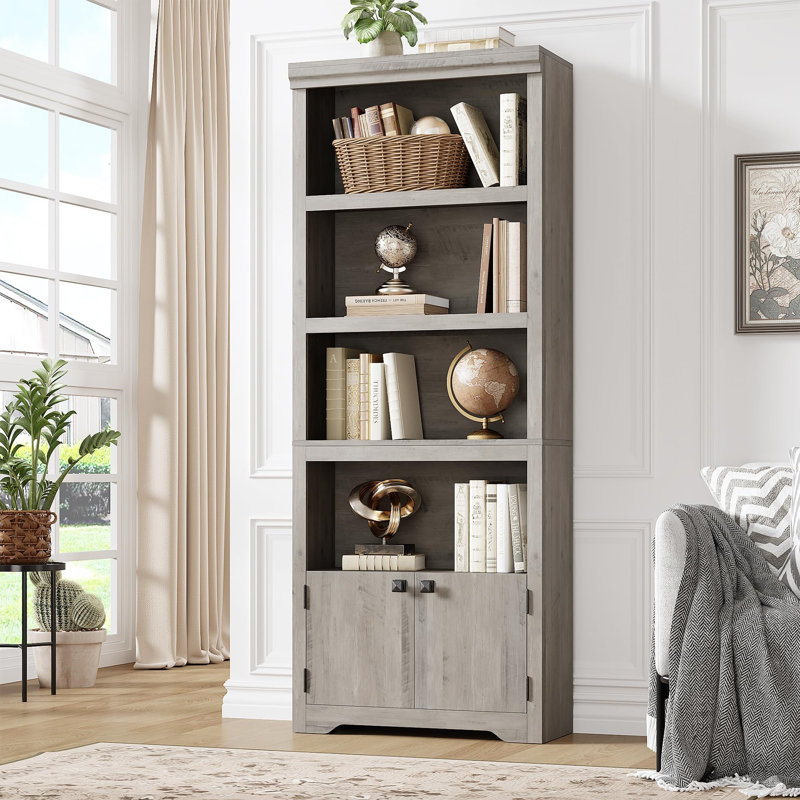 Bibliothèque à 5 niveaux, bibliothèque de style campagnard avec 2 portes, Gris, H 68,7 po x l 23,6 po x P 11,6 po
