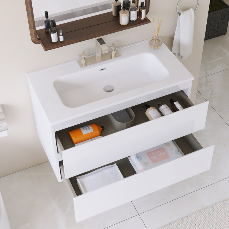 Wall Mounted Single Bathroom Vanity With White Ceramic Integrated Top, White, 36"